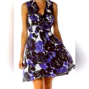 Blue Floral Print Sheer Ruffled V-Neck Belted Dress By Trulli Size 6